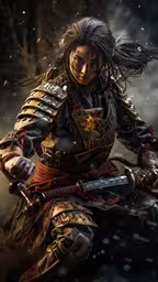 an animated woman holding two swords while standing next to a tree,a female fantasy warrior holding her swords in the snow
