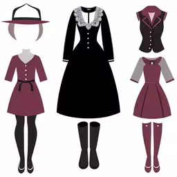different types of vintage clothing with long sleeves and skirts,three women dressed in red dresses, one of which is black
