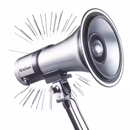 a silver speaker on a tripod being held
