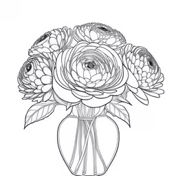 a vase with some flowers in it coloring page,a vase with peonies inside, and the flowers in the vase,a vase filled with flowers is shown on a white background,a vase with flowers drawn in a line,the flowers are in a vase and have leaves