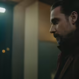 a man in the dark looking at something off to his left