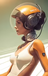 there is a woman wearing a helmet with headphones