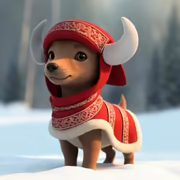 a dog dressed up in red clothing stands in snow