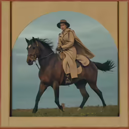 a person riding on a brown horse wearing a coat