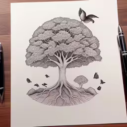 a drawing of a tree with roots is featured on a table,a drawing of a tree has been drawn,a drawing of a tree and birds flying by,a drawing with pencils on the paper and a pen,a drawing of a tree with its roots still growing