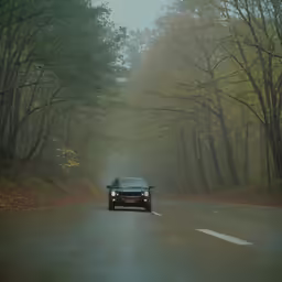 a black vehicle is driving down the road