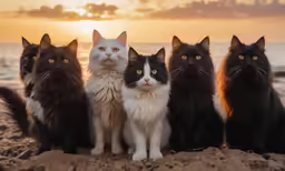 a group of cats sitting together in the sand