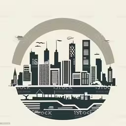 the skyline of a city with a bridge over water in front of it,city skyline silhouette in circle shape with bridge in foreground