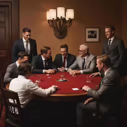 six men sit around a table while two woman hold a glass of wine