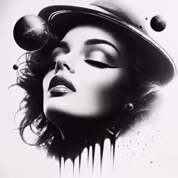 a black and white photo of a woman wearing a fedora