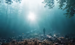 a person standing in the middle of a forest