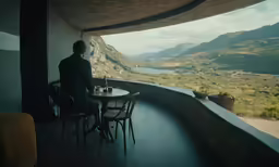 a man in a suit is sitting at a table overlooking mountains
