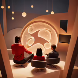 three people sit on a stage and look into the distance with bright lighting