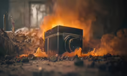 a camera sitting on the ground in front of fire