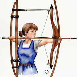 the young girl is holding on to the bow,an illustration of a little girl aiming her bow at the target