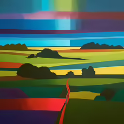 a painting of a green field with many colors