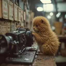 a little kitten that is standing up by a camera
