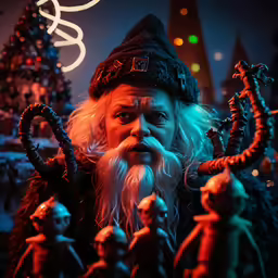 a wizard stares over a row of creepy toy trees