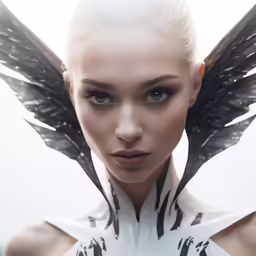 the woman with winged wings is looking at the camera