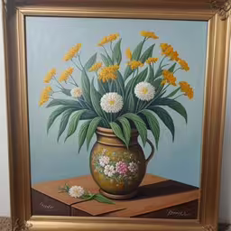 painting of flowers in vase sitting on table,an oil painting of yellow and white flowers in a vase