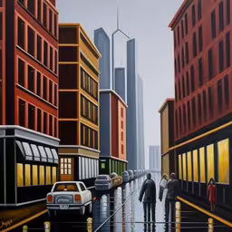 people walking down the street with a city in the background