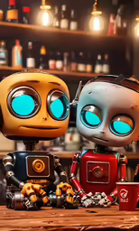 two little robots sitting side by side with lights on behind them