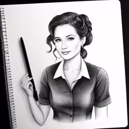 a drawing of a woman holding a pen