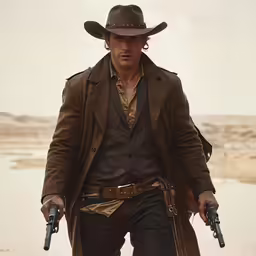 a man holding two revolvers with no hair
