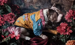 a young woman in an elaborate floral print with a cell phone