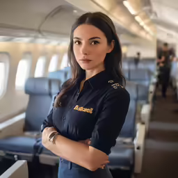 a woman standing on a plane in uniform