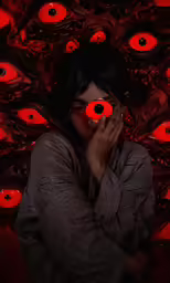 a woman covering her face next to a wall with several red eyes