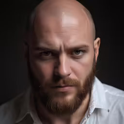 a bearded man poses with his hair in a bald fade
