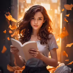 a beautiful young lady reads a book with falling paper streamers all over her