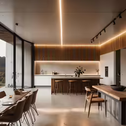 an open dining room has chairs and a large counter