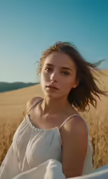 a woman with long hair, in a field