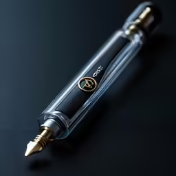 a fountain pen with a gold and black trim sitting on a table