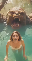 a woman in a bathing suit in the water next to an animal