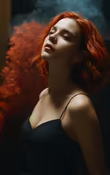 a woman in black dress with smoke rising from her mouth
