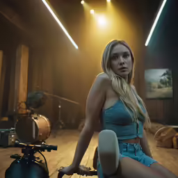 young blonde female sitting on a motorcycle in a room with drums