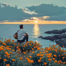 the man is sitting on the shore looking at the water