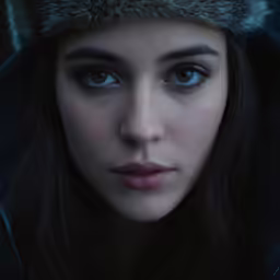 a young girl in black with a fur hat