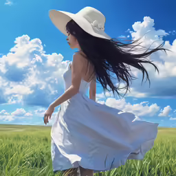 the woman in the white dress is walking through the field