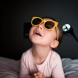 young child wearing sunglasses while laying on a bed