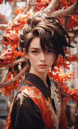 a young asian girl wearing a red and brown robe
