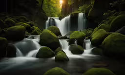 waterfall with lots of moss growing in it