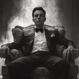 the man in the bow tie is sitting on an old chair