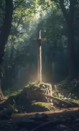 a wooden cross on a mossy mound in the forest