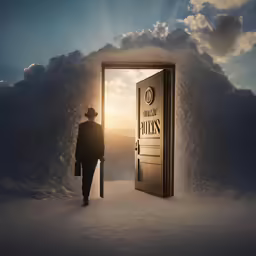 a man walking out from a big open door into the sky