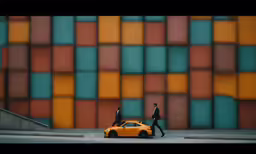 two business people walking on the street past a taxi cab