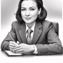 a woman in suit and tie sits at a table writing